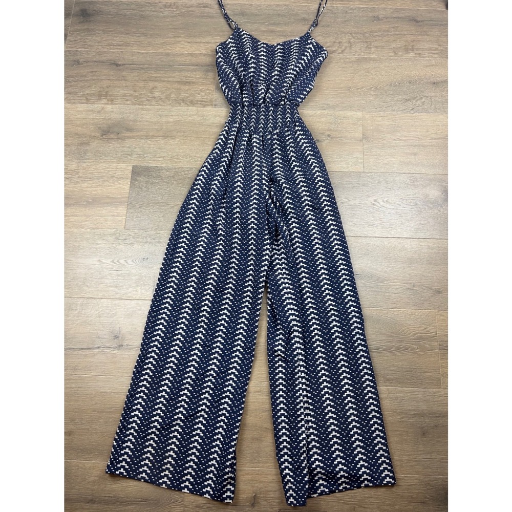 Fire Los Angeles Navy Blue White Geometric Print Wide Leg Jumpsuit XS FDW004493